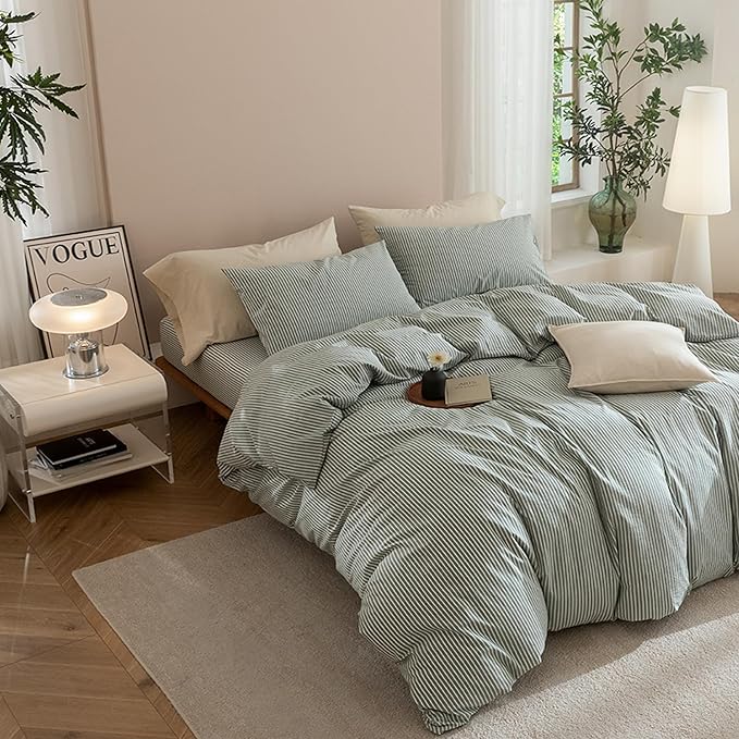 JIYUAN 100% Washed Cotton Striped Duvet Cover Set 3 Pieces Queen, 1 Duvet Cover and 2 Pillowcases(Comforter Not Included),Linen Like Bedding Set Comfy and Breathable,Pinstripes-Heathered Green White
