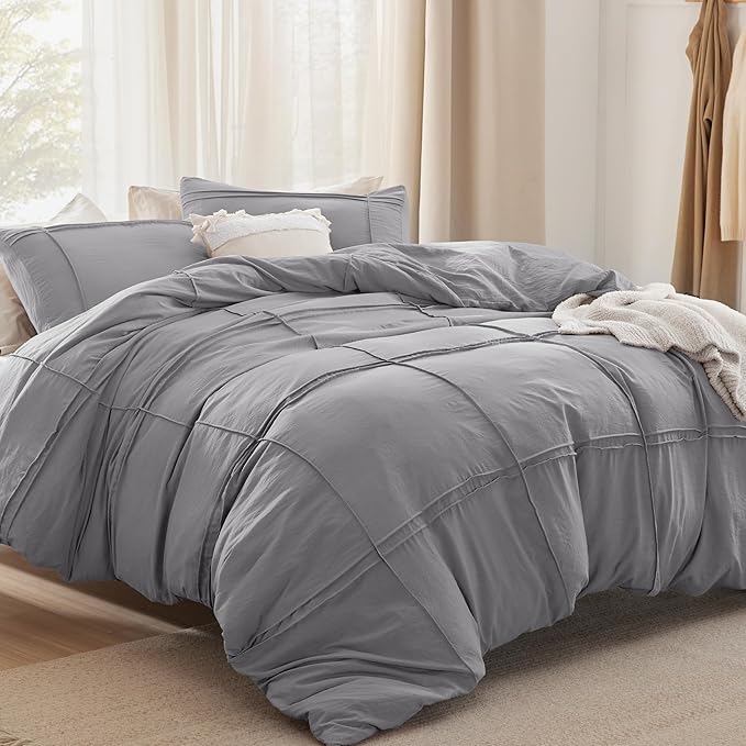 Bedsure Grid Boho Duvet Cover King Size - Shabby Chic Tufted Boho Bedding Set, 3 Pieces Shabby Chic Home Bedding for All Seasons, Includes 1 King Duvet Cover & 2 Pillowcases (Grey, 104" x 90")
