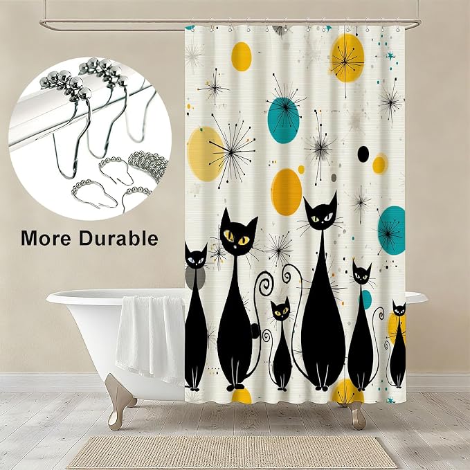 Mid Century Shower Curtain Cute Cats Shower Curtains for Bathroom Waterproof Fabric Bath Curtain Decor with Hooks