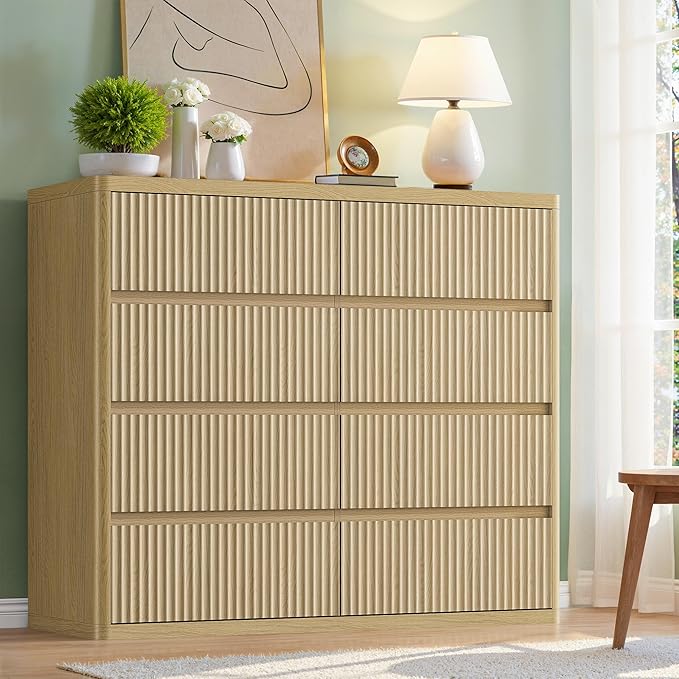 8 Drawer Dresser, Modern Fluted Dressers & Chest of Drawers for Bedroom, 48" Wide Dresser TV Stand with Deep Drawer, Curved Wood Organizer for Bedroom, Living Room, Hallway, Natural