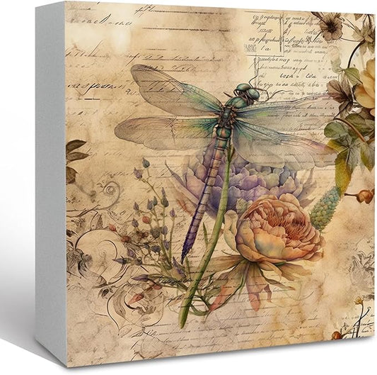 Vintage Dragonfly Flower Wooden Box Sign Desk Decor, Dragonfly Decor, Dragonfly Gifts for Women, Dragonfly Decorative Box Signs Decor for Bathroom Home Office,Retro Floral Desk Decor 5x5Inch