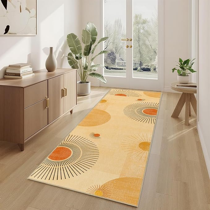 Sun Runner Rug 2x6 for Hallway Kitchen Bedroom,Mid Century Modern Runner Rugs Washable Boho Geometric Rug Non-Slip Printed Low Pile Long Floor Carpet Mat for Bedroom Laundry,Yellow
