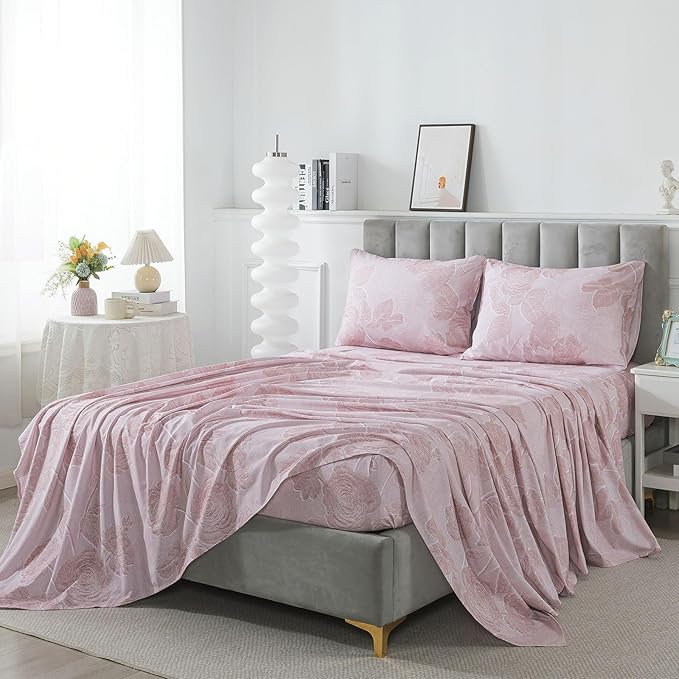 FADFAY Pink Vintage Floral Queen Size Sheets Set 100% Brushed Cotton Shabby Rose Flower Pattern Bedding Set Deep Pocket Sheets with 2 Pillowcases Luxury Breathable Soft 4pcs, Queen Size