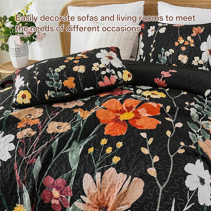 Anibedding Black Quilt Set King Size, Colorful Floral Bedspread with 2 Pillowcases, Soft Microfiber Lightweight Coverlet Bedding Set for All Season(104"x90")