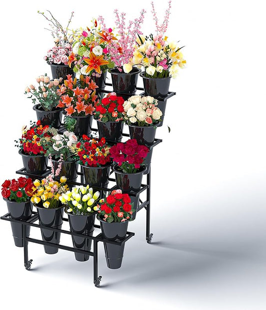 Zhongma 4 Tier Metal Flower Display Stand with 16pcs Plastic Buckets for Fresh Flowers Heavy Duty Garden Cart Moving Flower Bucket Stand with Wheels
