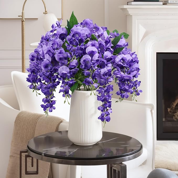 HyeFlora Wisteria Artificial Flowers for Indoor Decoration, 2Pcs Purple Fake Hanging Flowers for Table, Kitchen, Living Room, Bathroom, Home, UV & Fading Resistant Office Decor