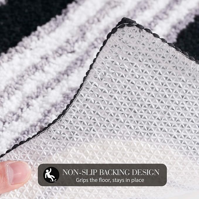 Geometric Design Boho Runner Bathroom Rugs, Long Scalloped Cute Bath Mat Non Slip for Bedroom Kitchen Hallway Laundry Room, Funky Retro Farmhouse Bath Rug Washable, Black/Grey, 51"x20"
