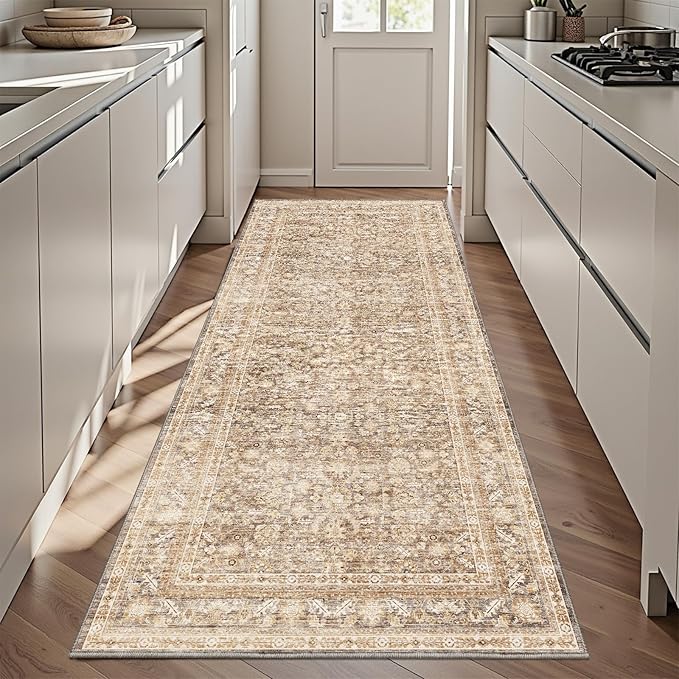 OPPODREAM Vintage Beige 3x6 Runner Rug, 3 x 6 Retro Washable Rug Non Slip, Low-Pile Faux Wool Carpet, Distressed Tan Floor Mat for Kitchen, Hallway, Entry-Way, Entrance, Indoor Back Door