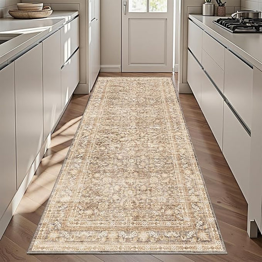 OPPODREAM Vintage Beige 3x6 Runner Rug, 3 x 6 Retro Washable Rug Non Slip, Low-Pile Faux Wool Carpet, Distressed Tan Floor Mat for Kitchen, Hallway, Entry-Way, Entrance, Indoor Back Door