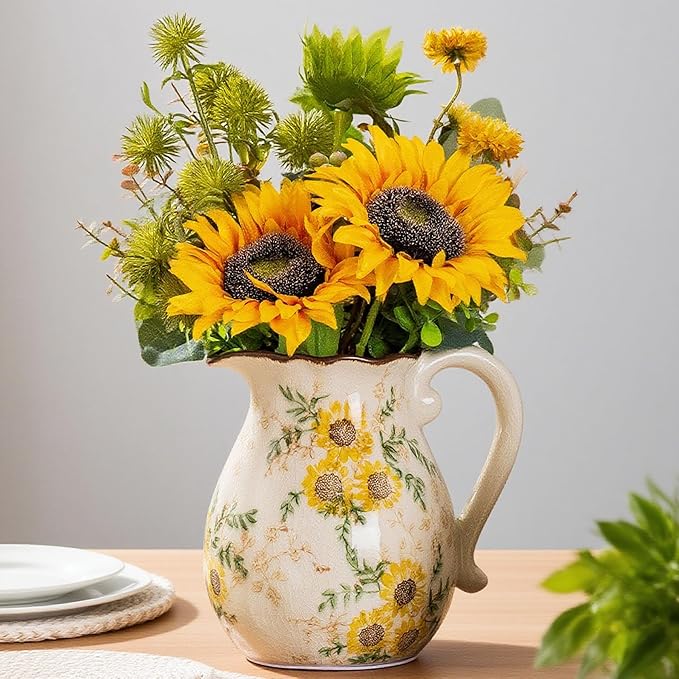 Sunflower Vintage Ceramic Yellow Floral Vase with Handle, Chinoiserie Floral Pitcher Vase, Rustic Ceramic Farmhouse Vases for Home Decor, Living Room, Bookshelf, Office, Grand Millennial Decor 7.9 in