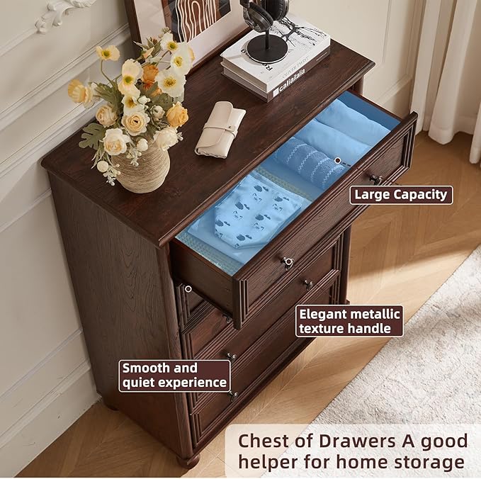 Farmhouse 5 Drawers Dresser Set of 2 for Bedroom, Wood 45" Tall Chest of Drawers, Dresser Rustic Storage Dressers Organizer with Metal Handle Closet for Living Room, Hallway Entryway(Walnut)
