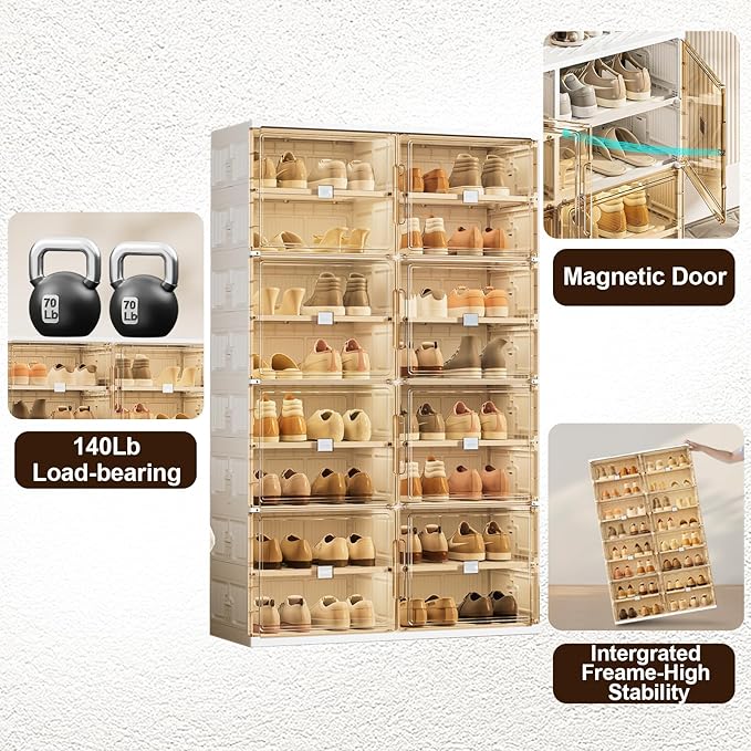 wesimple 28 Pairs Shoes and Boots Storage Cabinet of 3-Step Fast Installation,Plastic Shoe Box with Clear Magnetic Door for Display, Shoe Organizer for Sneaker, Sandals, Heels (2 Row, 7 Tier)