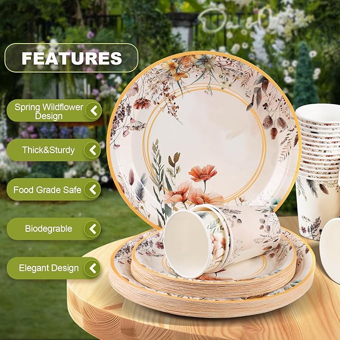 Spring Wildflower Party Decorations,Wildflower Birthday Decorations,Floral Paper Plates and Napkins Sets- Plates,Cups,Napkins,Cutlery for Baby Shower Birthday Bridal Shower Decorations,Serves 24