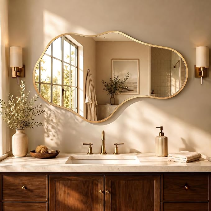 Dorlicecass Irregular Wall Mirror - Wall Mirrors Decorative 22"x 36" Asymmetrical Abstract Mirror Aviation Aluminum Alloy Frame Unique for Bathroom, Bedroom, Living Room, Cloakroom, Entryway Gold