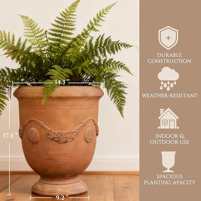 Large Urn Planter Magnesium Oxide Plant Pot with Cement Texture Concrete Urn Planters with Drainage Hole, 14" Dia x 17.5", Rusty