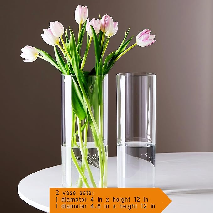 3 Acrylic Cylinder Clear Vase for Centerpieces, Tall Large Unbreakable Plastic Flower Vases for Home Decor (D 4.8" X H 7.8" - H 12" + 2 Holder)