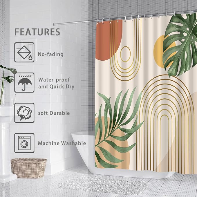 Mid Century Abstract Boho Aesthetic Shower Curtain Set, Green Nature Leaf Sun Modern Minimalist Home Bathroom Curtain Decor with 12 Hooks 72 Inch Wide * 72 Inch High