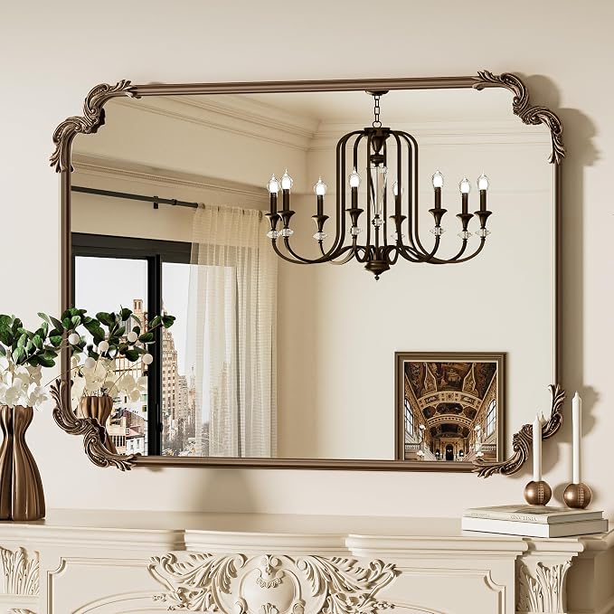 TETOTE Baroque Gold Antique Brass Scroll Wall Mirror 40 x 30 Vintage Rectangle Framed Baroque French Rectangular Mirror for Mantle Fireplace Bathroom Living Room, Horizontal/Vertical