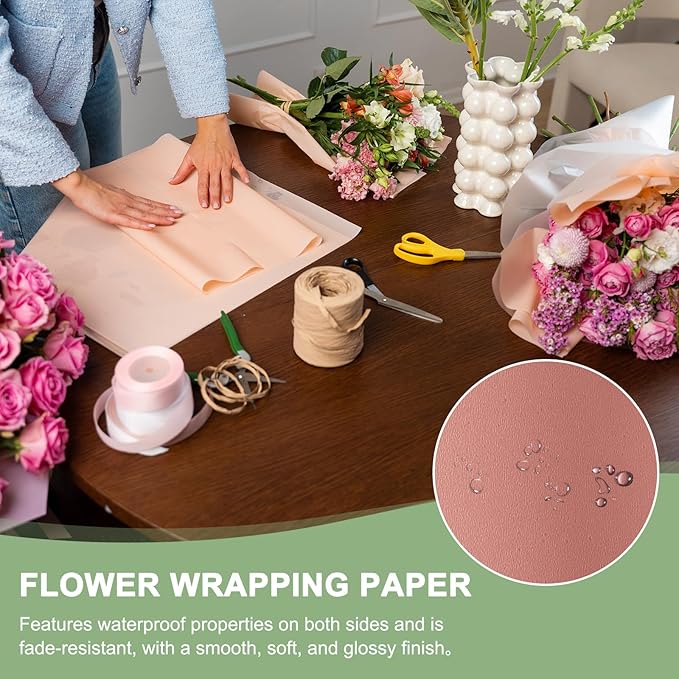 PATIKIL Flower Gift Wrapping Paper, 20 Sheets Double Sided Golden Waterproof Bouquet Paper Wrap Florist Supplies Packaging Floral Papers for Wedding DIY Craft Valentine, Dark Pink/Gold