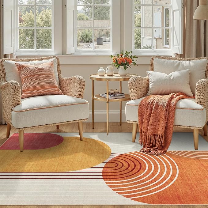 DCX Abstract Machine Washable 5x7 Rug, Mid Century Modern Rug for Living Room, Soft Low Pile Non Slip Carpet, Kid & Pet Friendly Stain Resistant Rug for Bedroom Dining Room Office, Orange & Yellow