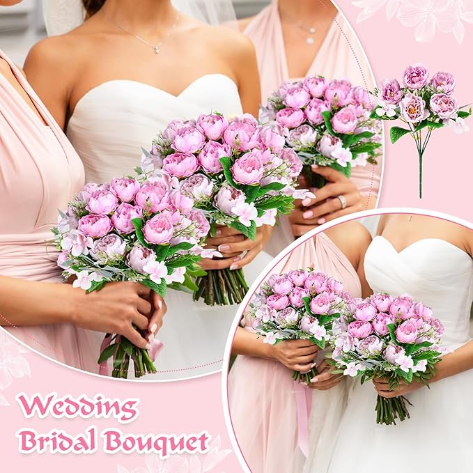 Olgaa 12 Bundles Peonies Artificial Flowers Fake Peony Bouquet Faux Peonies Flowers Bulk with Stems Flower Balls for Centerpiece Table Decorations Wedding Bridal Floral Arrangement (Purple Pink)