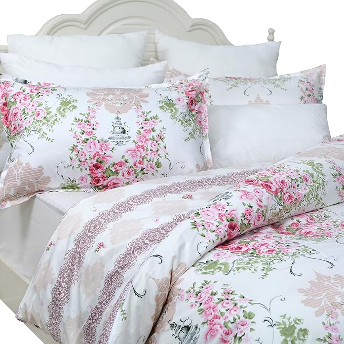FADFAY 3 Pieces Twin Size Pink Rose Floral Duvet Cover Set 100% Cotton Girls Women Bedding Sets with Hidden Zipper Closure (1 Duvet Cover, 2 Pillowcases)