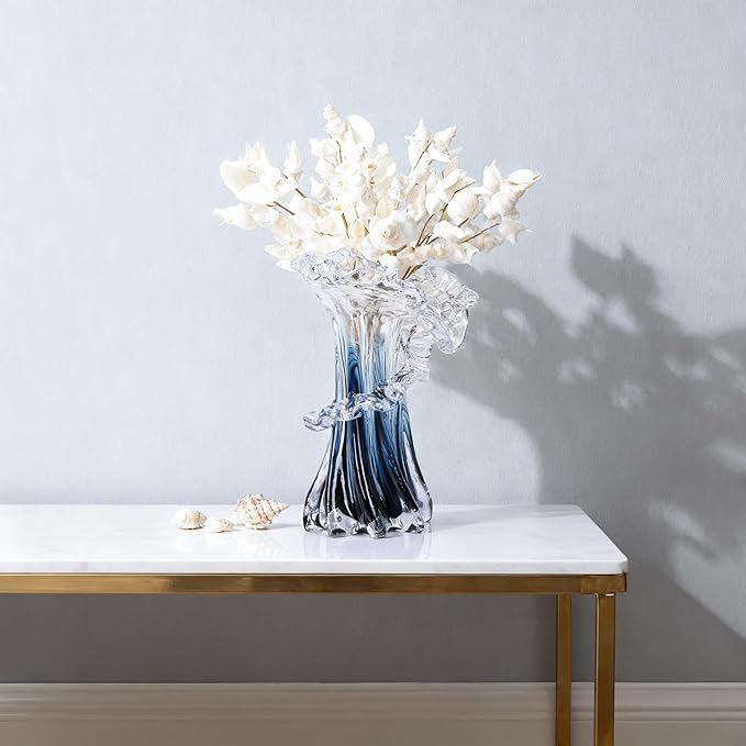 8.1" H Blue Ocean Wave Vase, Blown Glass Vase, Unique Modern Art Beautiful Hand Blown Coastal Centerpieces for Living Room, Bedroom, Office Desktop, Coffee Table, and Wedding Decorative (S)