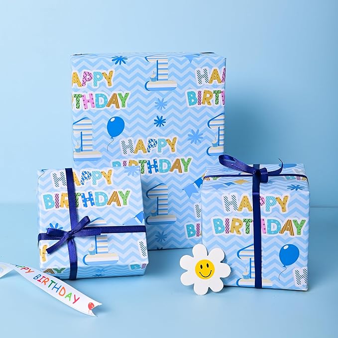 Altarho 1st Birthday Wrapping Paper Roll - Blue Happy Birthday with Balloon Gift Wrap Sheets for Kids Boys Baby Shower Party Decoration Celebration Total 28.5sq.ft