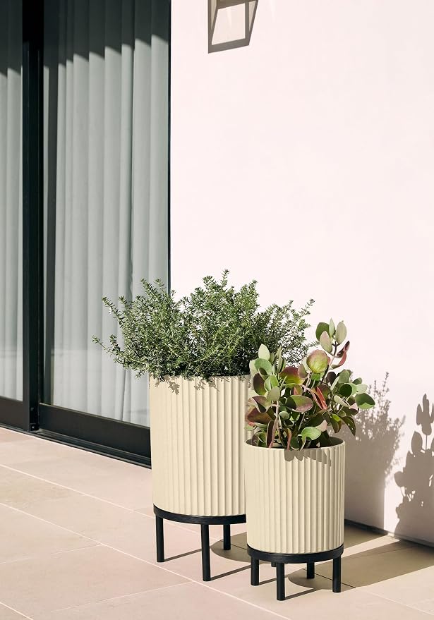 Veradek Demi Series Round Planter w/Stand for Porch/Patio | Durable Plastic-Stone Composite & Wooden Stand | Modern Décor for Tall Plants, Flowers