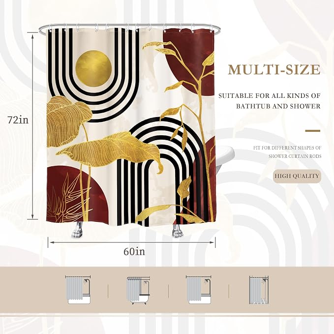 Glawry Red Abstract Mid Century Shower Curtain Boho Retro Tropical Palm Tree Plant Minimalist Sun Arch Bathroom Geometric Aesthetic 60Wx72L Inches Bath Accessories Art Home Decor Fabric 12 Pack Hook