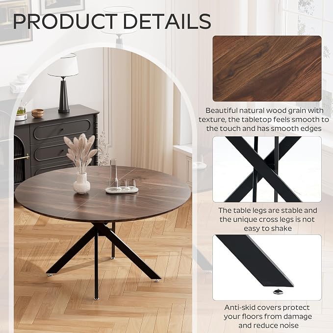 RGZ Mid Century Walnut Round Dining Table Set for 4, 47" Large Wooden Circle Kitchen Table & 4 Light Gray PU Leather Kitchen Chairs, Dinner Table Set for Home, Apartment, Dining Room
