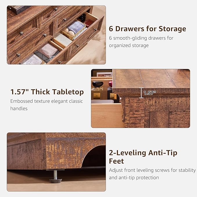 T4TREAM Farmhouse 7 Drawers Dresser for Bedroom, 54" Wide Wood Rustic Chest of Drawers w/Roman Column, Wooden Storage Dressers Organizer for Bedroom, Living Room, Closet, Reclaimed Barnwood