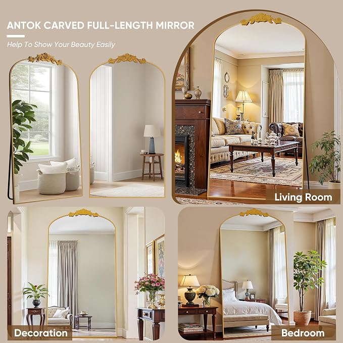 Antok Arched Full Length Mirror, 82"x44" Floor Mirror with Carved, Full Body Mirrors for HomeDecor, Standing/Halling Large Wall Mirror for Bedroom, Living Room, Cloakroom, Gold, Retro Style
