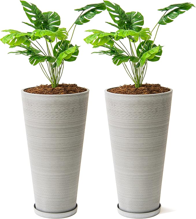 XBrand Modern 28-Inch Tall Round Planter, Modern Tapered Planter Perfect for Indoor & Outdoor Planter, Patio Décor, Set of 2, Gray