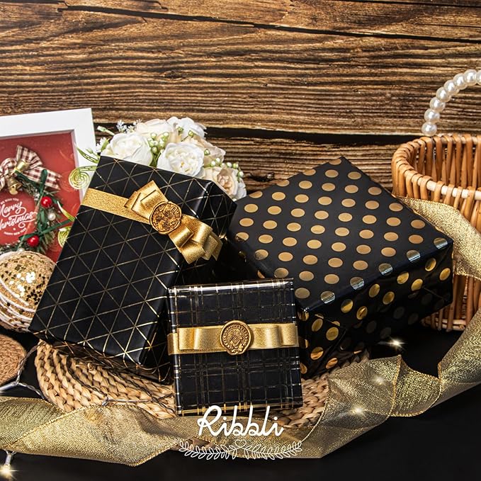 Ribbli Birthday Wrapping Paper Black and Gold Gift Wrap for Father's Day Men Husband Boyfriend Mini Roll, 3 Rolls Geometry Pattern - 17 inch x 120 inch(10feet) Per Roll
