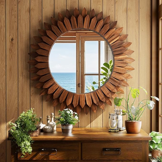 28 Inch Walnut Boho Wall Decor Sunburst Mirror - Round Wooden Wall Decor, Handmade Rustic Circular Mirror for Living Room, Bedroom, Entryway, Office