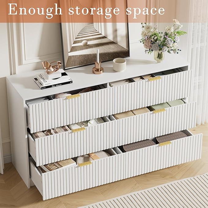 White Dresser for Bedroom, Modern Dresser with 6 Drawers and Smooth Slides, Wide Chest of Drawers with Golden Handles for Bedroom, Living Room, Closet, 15.7" D x 55.1" W x 31.4" H