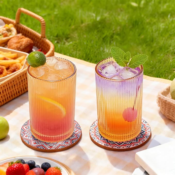 18 oz Ribbed Drinking Glasses Set of 6, High Clear Vintage Iced Coffee Cups Elegant Glassware, Highball Glass Cups Ridged Glass Tumbler for Cocktail, Whiskey, Beer, Water, Juice, Origami Style Amber