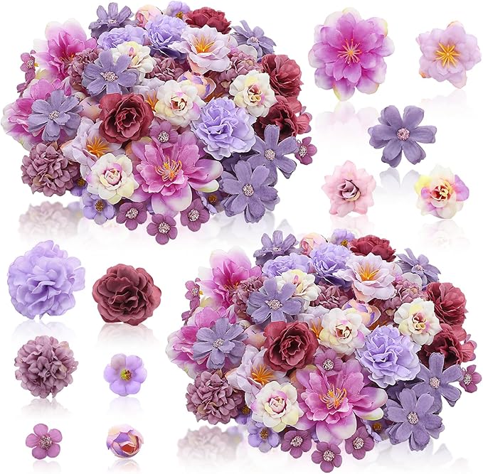 Geosar 120 Pcs Small Flowers for Crafts Mini Faux Flowers Artificial Silk Fabric Floral Arrangement Decor for DIY Wreath Bouquets Wedding Shower Home Decor(Purple,Coquette Style)