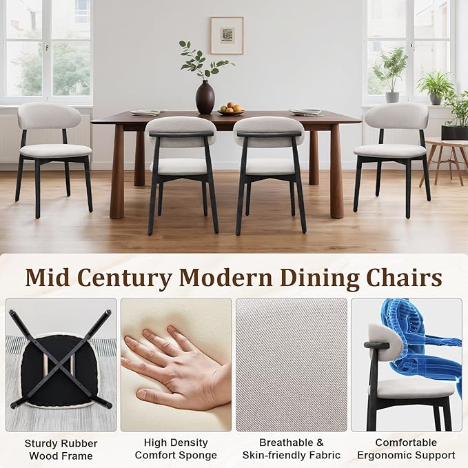 Farmhouse Dining Chairs Set of 2,Mid Century Modern Fabric Upholstered Kitchen Chairs,Wooden Dining Room Chair with Curved Back Black Leg for Kitchen Dining Room Restaurant Cafe,Linen Gray,Only Chairs