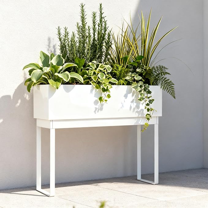 WORTH Raised Metal Planter Box with Legs, 28" Elevated Garden Bed for Indoor & Outdoor Use – Glossy White Galvanized Steel Planter with Inner Shelf, Drainage Holes, Plug for Vegetables, Flowers, Herbs