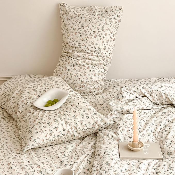 EAVD King Cotton Bed Linen Set, Garden Style, 100% Cotton, Small Floral, 1 Duvet Cover, 2 Pillowcases, Zipper Closure
