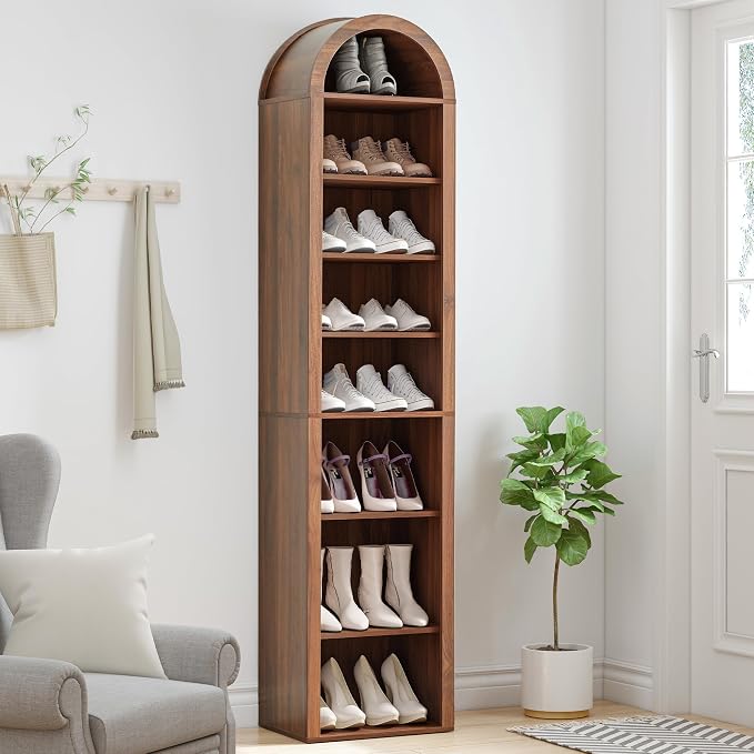 Tall Narrow Arched Bookshelf, 8-Tier Skinny Arch Bookcase for Small Space, Freestanding Storage Organizer with Adjustable Shelves, Open Display Shelves for Living Room, Entryway (Walnut)