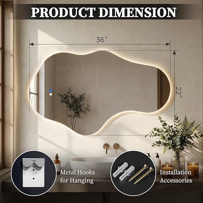 Irregular LED Bathroom Mirror with Lights, Backlit Vanity Mirror for Wall, Asymmetrical Wall Mirror, 3 Color Dimmable Anti-Fog Smart, Decorative Mirror for Bathroom, Entryway(22″ x 36″, 1 Pack)