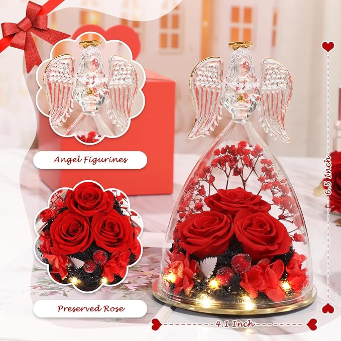 Christmas Angel Gifts for Women,Preserved Flowers Rose in Glass Angel Figurines Flowers for Delivery,Preserved Three Red Rose with Lights,Christmas Birthday Gifts for Grandma Mom Wife Her Sister