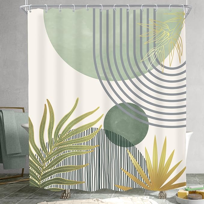 KOMLLEX Mid Century Mint Green Boho Shower Curtain 60Wx72L Inches Abstract Modern Shower Curtains for Bathroom Decor Plant Botanical Minimalist Arch Sun Fabric Liner Waterproof Polyester 12 Pack Hooks