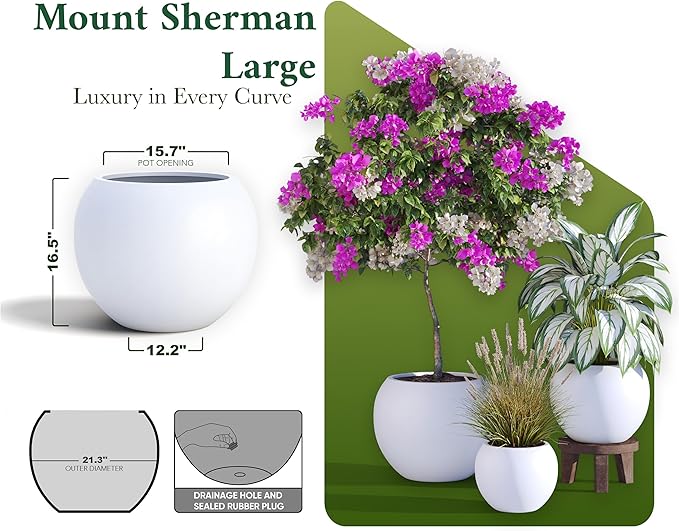 DTY Signature Mount Sherman Modern Indoor Outdoor Fiberstone Sphere Planter, Durable Round Garden Pot, Weather Resistant, Drainage Hole & Rubber Plug, Planter for Christmas Tree - Large, White