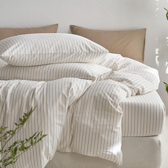 MooMee Striped Duvet Cover Set 100% Washed Cotton Linen Like Textured Breathable Durable Soft Comfy (White Tannish Linen Grey Wide Stripes, Oversized King Plus 128"x120")