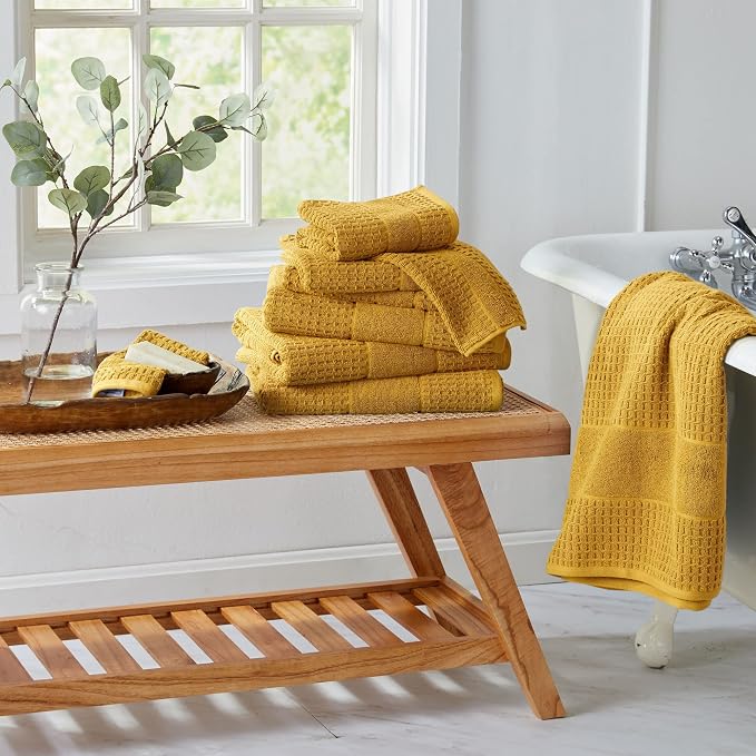 Market & Place 100% Cotton Super Soft Luxury Bath Towel Set | Quick-Dry and Highly Absorbent | Waffle Textured | 550 GSM | Includes 4 Bath Towels | Harper Collection (Mustard Yellow)