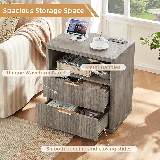 LEYAOYAO Fluted Farmhouse Nightstand Set of 2 with Charging Station, 23" Wide 2 Drawers End Table,Grey Dresser for Bedroom,Bed Side Table Chest of Drawers Cabinet,Wood Night Stand for Living Room